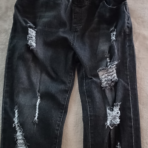 Faded Black Hi-Rise Distressed Destructed Elastic Waist Baggy Frayed Jeans Pants - Picture 6 of 15